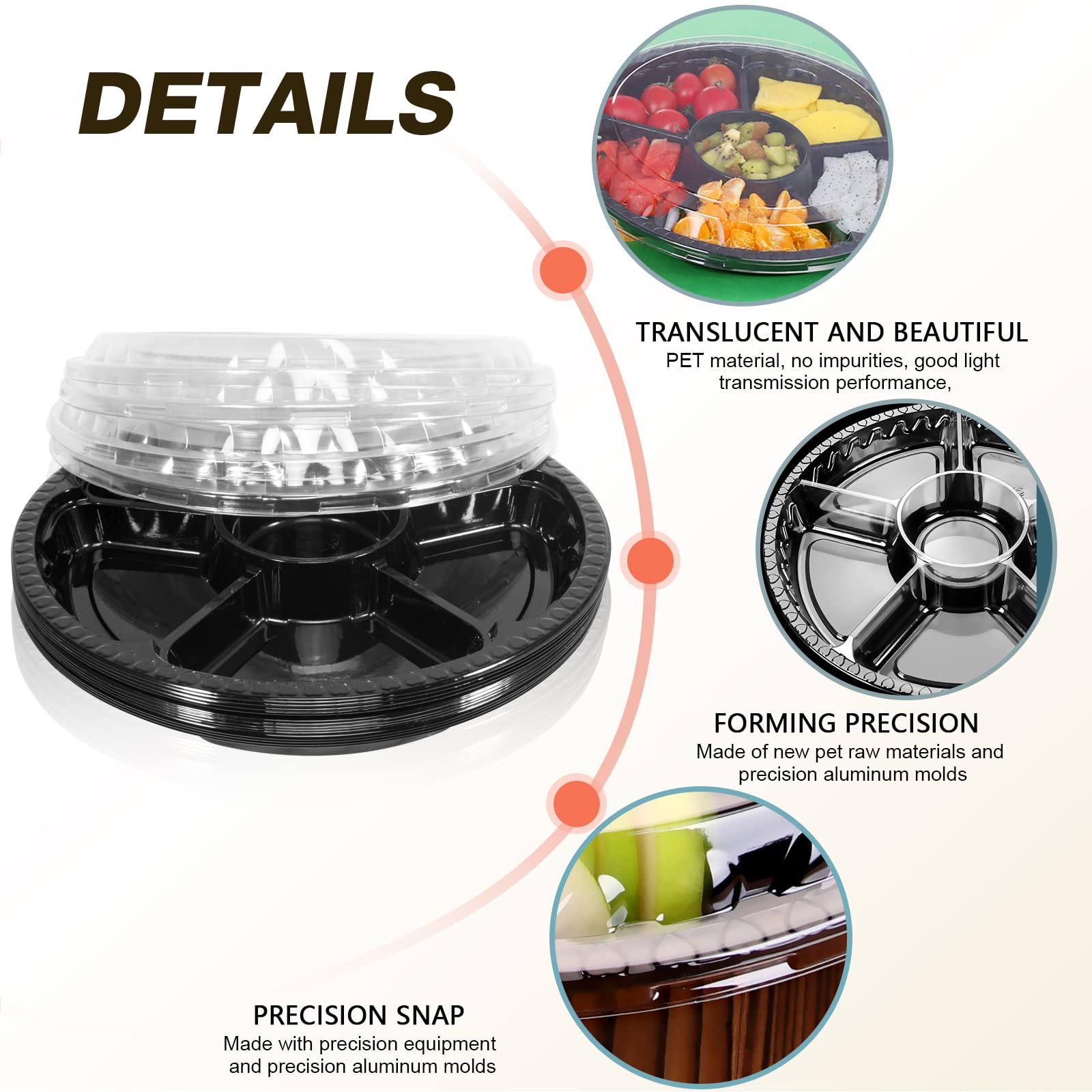 mwellewm 10 Pcs Round Plastic Appetizer Tray with Lid,Divided Serving Tray, Disposable Food Storage Trays Containers, Plastic Tray Storage,Fruit Platter Vegetable Trays for Party and Buffet 10.4 Inch