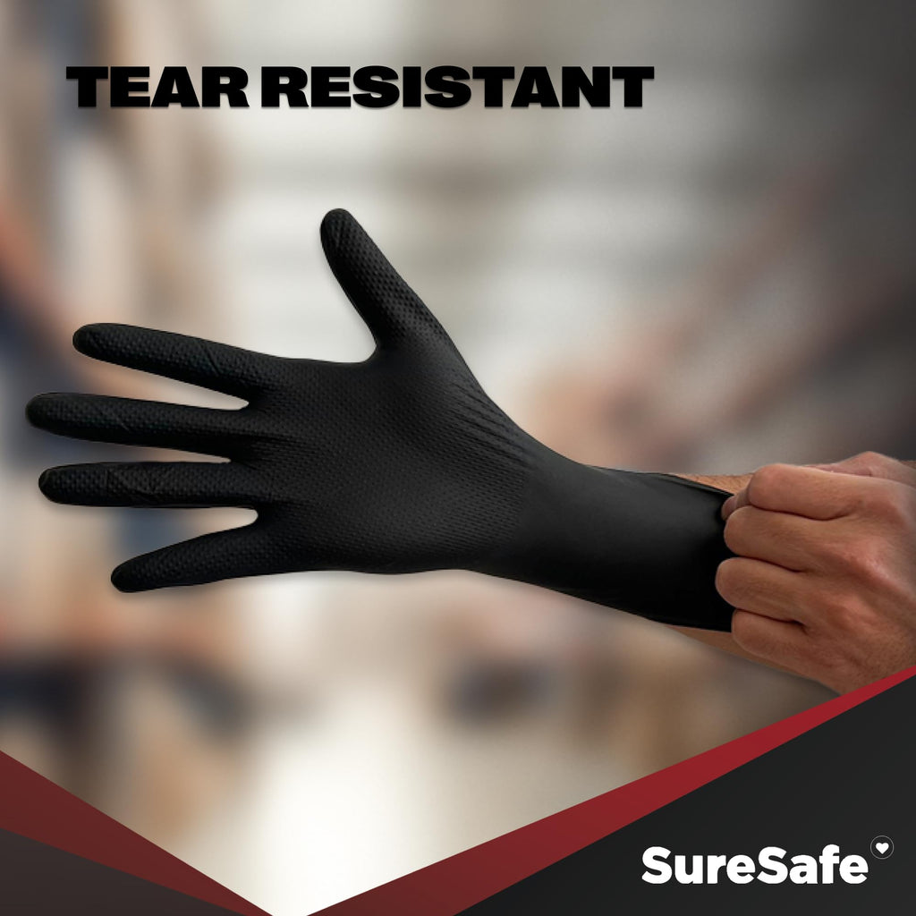 [100 Pack] SURESAFE 8 Mil Nitrile Gloves XL, Black Gloves Disposable, Powder & Latex Free, Diamond Grip, Fully Textured & Ribbed, For Work, Mechanics, BBQ, Butcher, Plumbing, Food Prep
