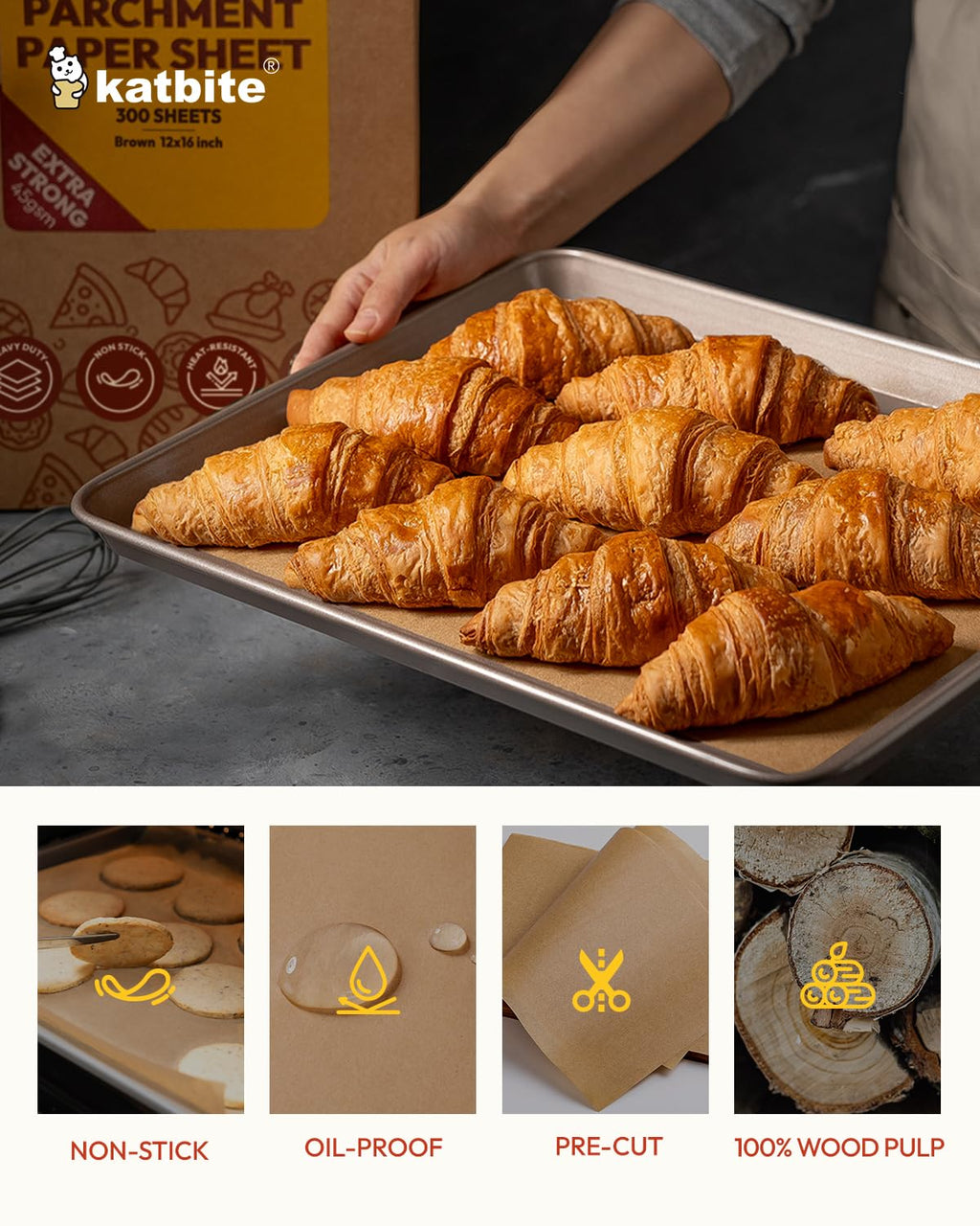 Katbite 300 Sheets 12x16 in Parchment Paper Unbleached, Heavy Duty Baking Paper Non-Stick, Extra Strong Parchment Sheets for Air Fryer, Grilling, Steaming Cooking Bread Cake and Wrapping Foods