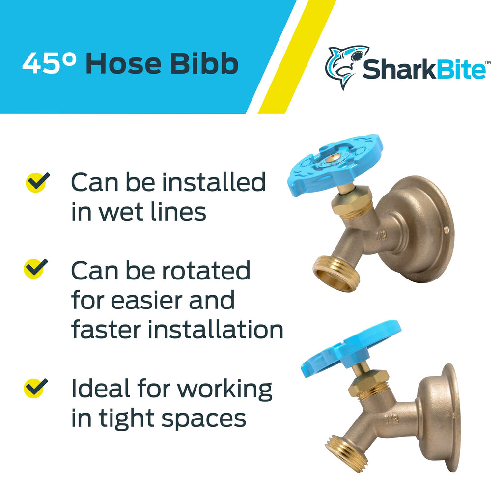 SharkBite 1/2 x 3/4 Inch MHT 45 Degree Hose Bibb, Multi Turn, Push to Connect Brass Plumbing Fitting, PEX Pipe, Copper, CPVC, PE-RT, HDPE, 24632LF