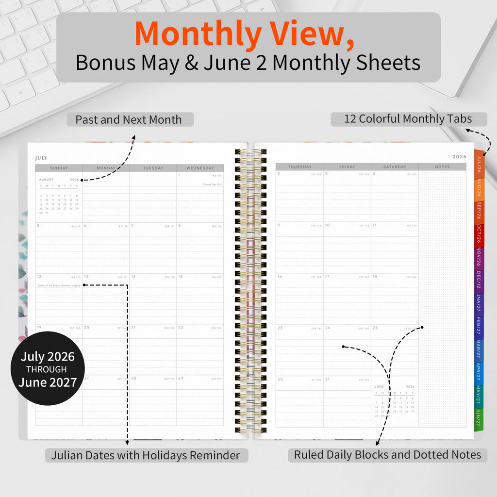 2026-2027 Appointment Book Weekly Quarter-Hourly, July 2026 - June 2027 Agenda 2026-2027 Academic Planner with Colorful Tabs, 8.5"x11", Spiral Binding, Hardcover, Note Pages, Pockets