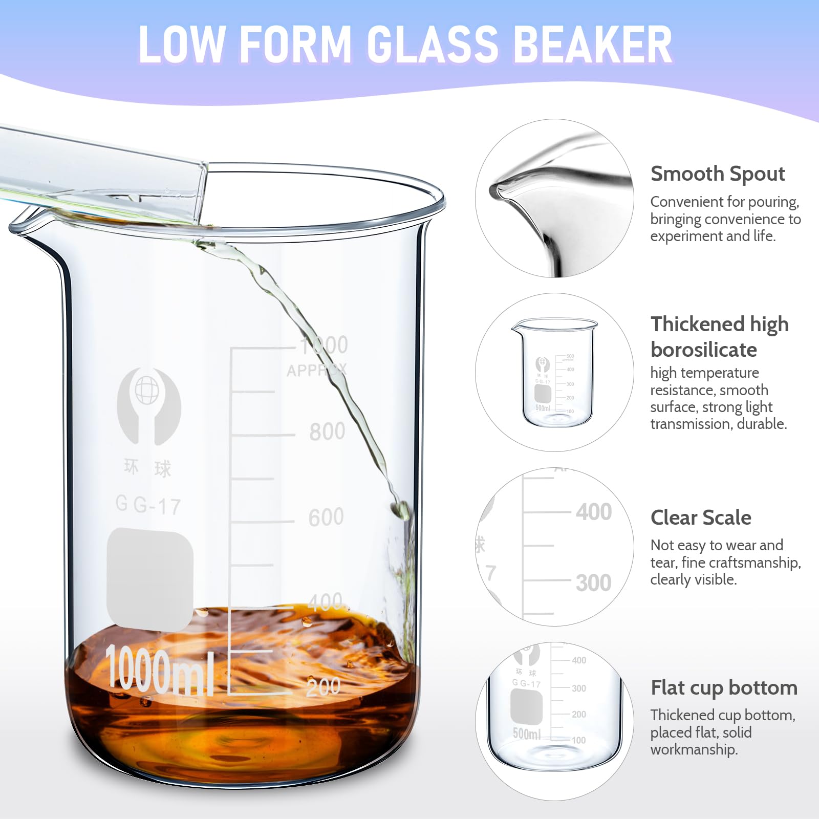 OLCANA 5 Pack Glass Beaker Set 50 ml 100 ml 250 ml 500ml 1000 ml Thick Borosilicate 3.3 Glass Graduated Measuring Lab Beaker Low Form Griffin 1L Big Glass Beaker