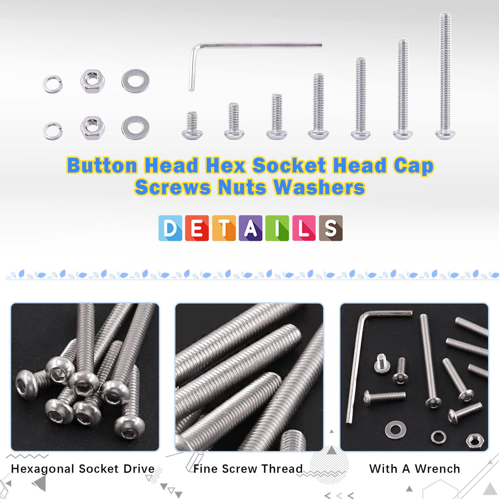 Glarks 1021Pcs M3 Button Head Screws 304 Stainless Steel Hex Socket Cap Screws Bolts and Nuts Washers Assortment Kit with Hex Wrench for Machinery Furniture Car Repair