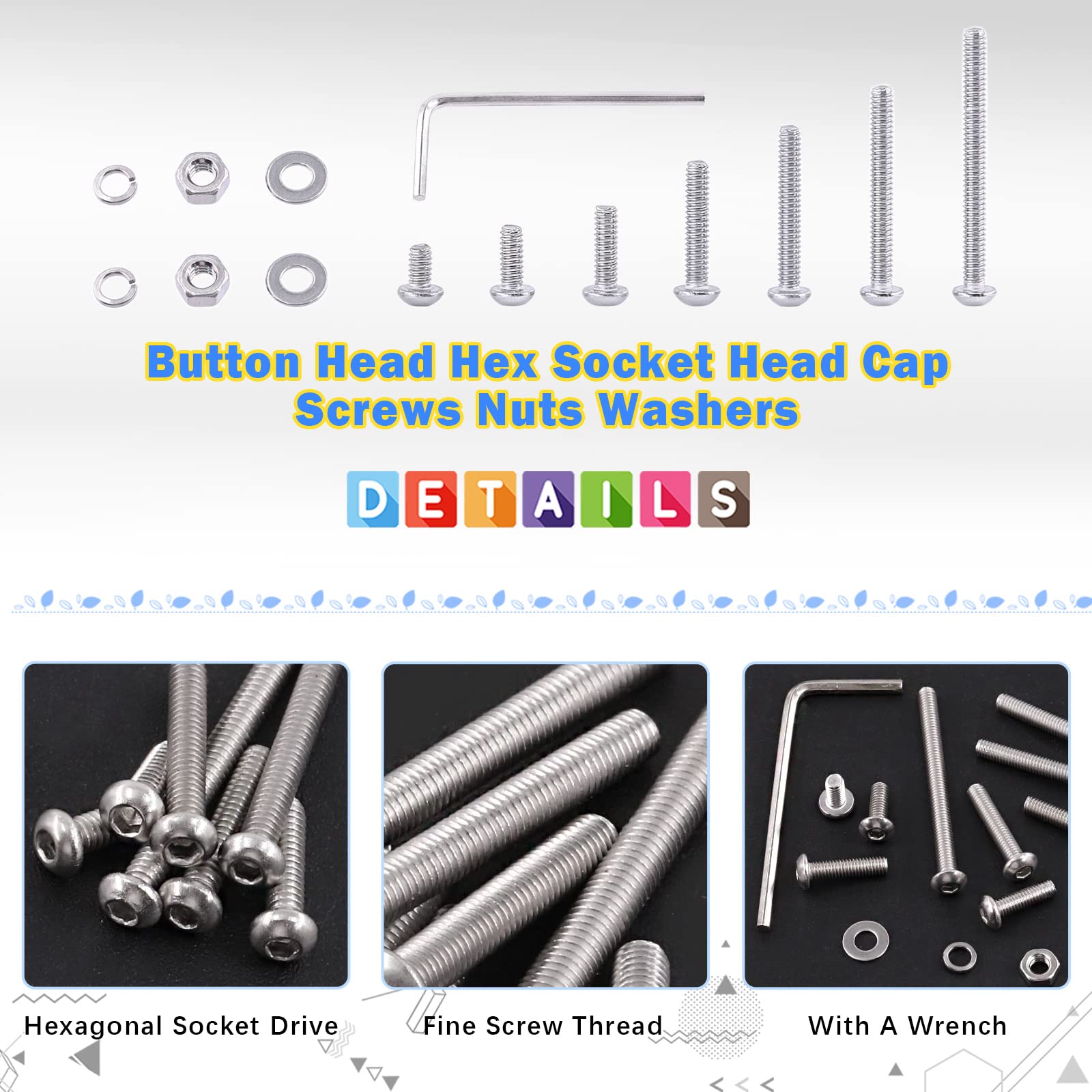 Glarks 1021Pcs M3 Button Head Screws 304 Stainless Steel Hex Socket Cap Screws Bolts and Nuts Washers Assortment Kit with Hex Wrench for Machinery Furniture Car Repair