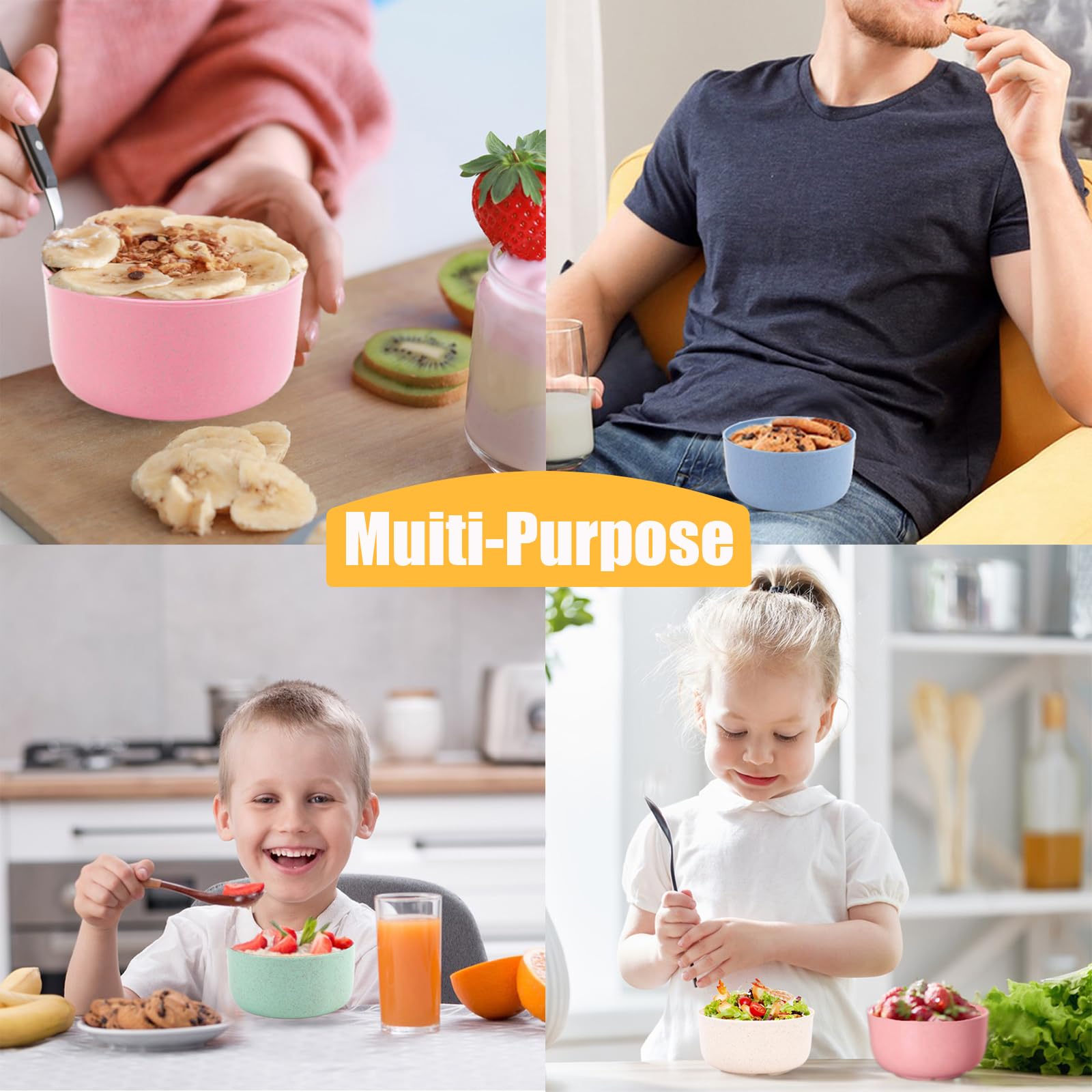 Nicunom 12 Pack Cereal Bowls, 15 OZ Unbreakable Wheat Straw Bowl Sets - Lightweight Noodle Soup Rice Salad Bowls Dishwasher Microwave Safe Bowl