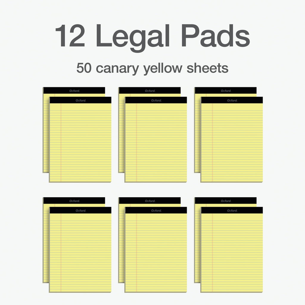 Oxford Legal Pads, 8.5 x 11 Inch, Wide Ruled, Yellow Paper, 50 Sheets per Pad, 12-Pack Notepads for School, Office, Lists, and Note Taking, Letter Size, Double-Sided Writing Pages