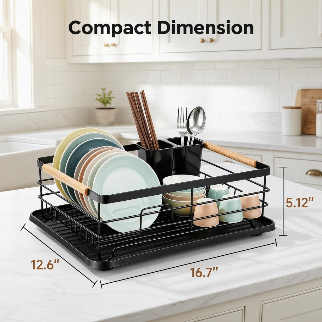 Fvellix Dish Racks for Kitchen Counter, Thickened Metal Dish Drying Rack with Wooden Handles, Kitchen Countertop Organizer for Dishes, Spoons and Forks, No Assembly, Black, 16.7''*12.6''*5.12''
