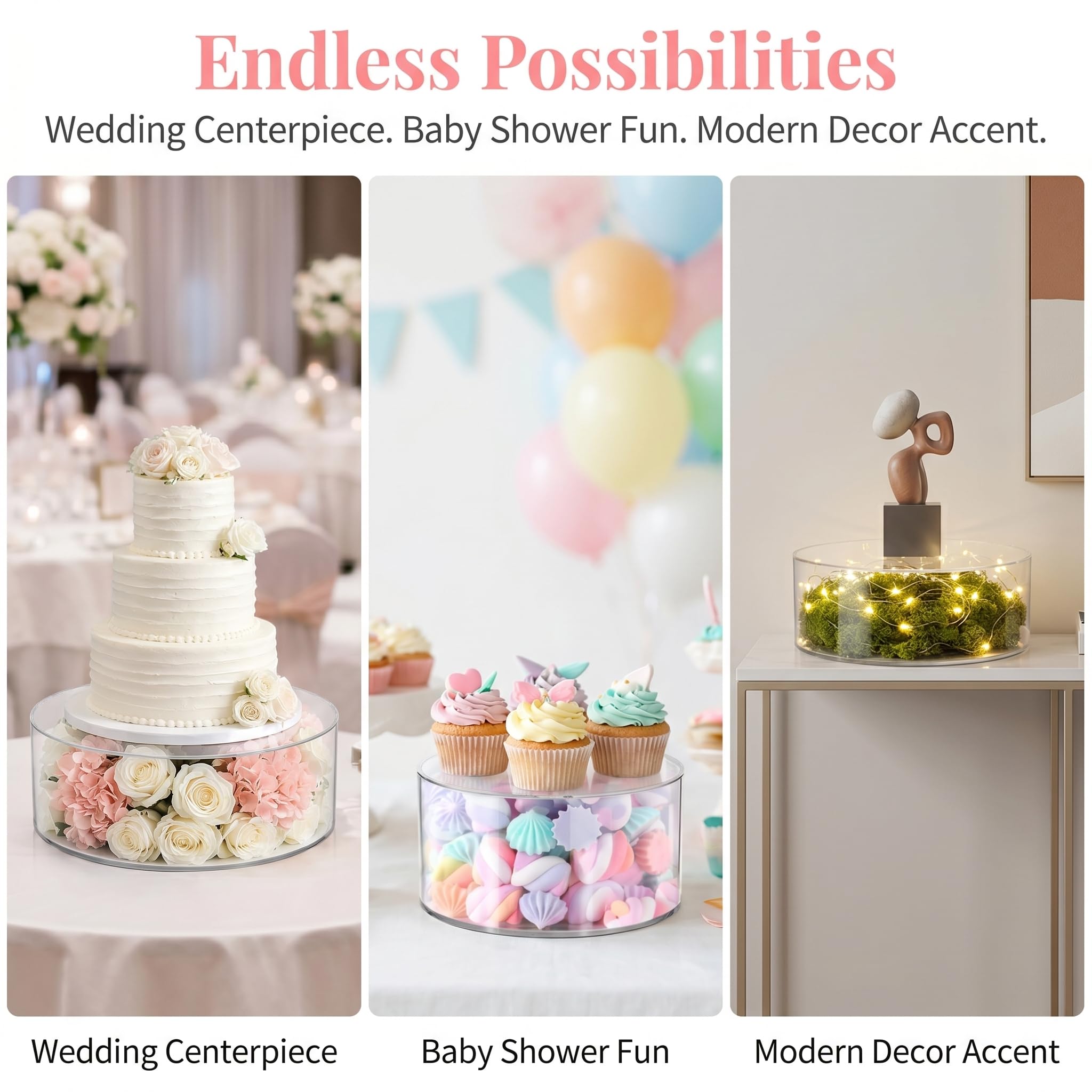 Jucoan Set of 2 Clear Acrylic Fillable Cake Stand, Cake Tier Display Stand Cupcake Stand, 12 Inch & 8 Inch Round Cylinder Display Riser for Wedding Birthday Baby Shower Easter Party Centerpieces