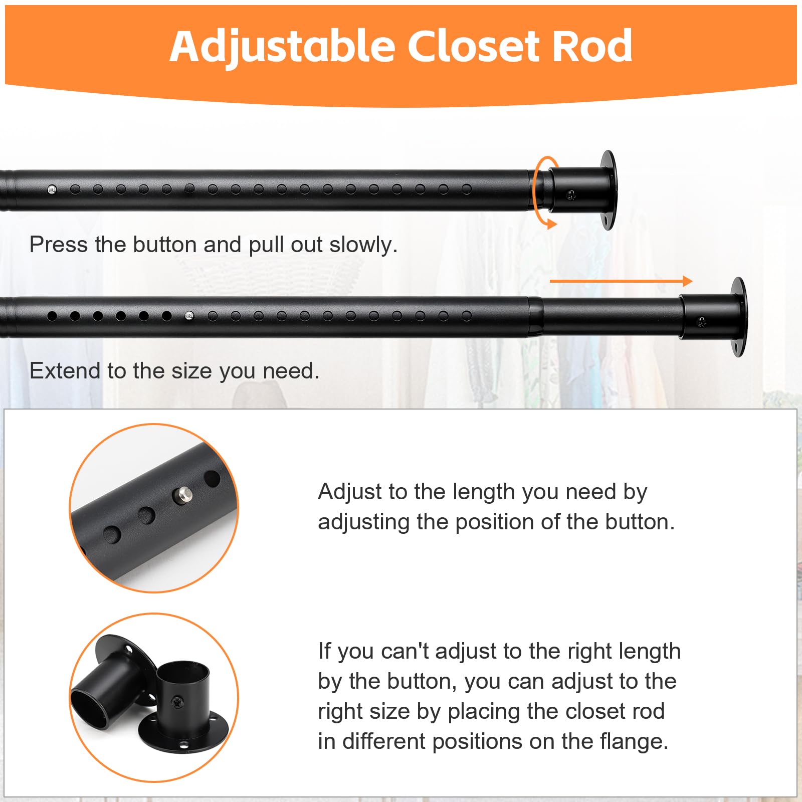 Closet Rods for Hanging Clothes, Heavy Duty Closet Rod 17-82 Inch Adjustable Clothes Hanging Bar Metal Shower Curtain Rods for Closet, Wardrobes, Bathroom, Windows