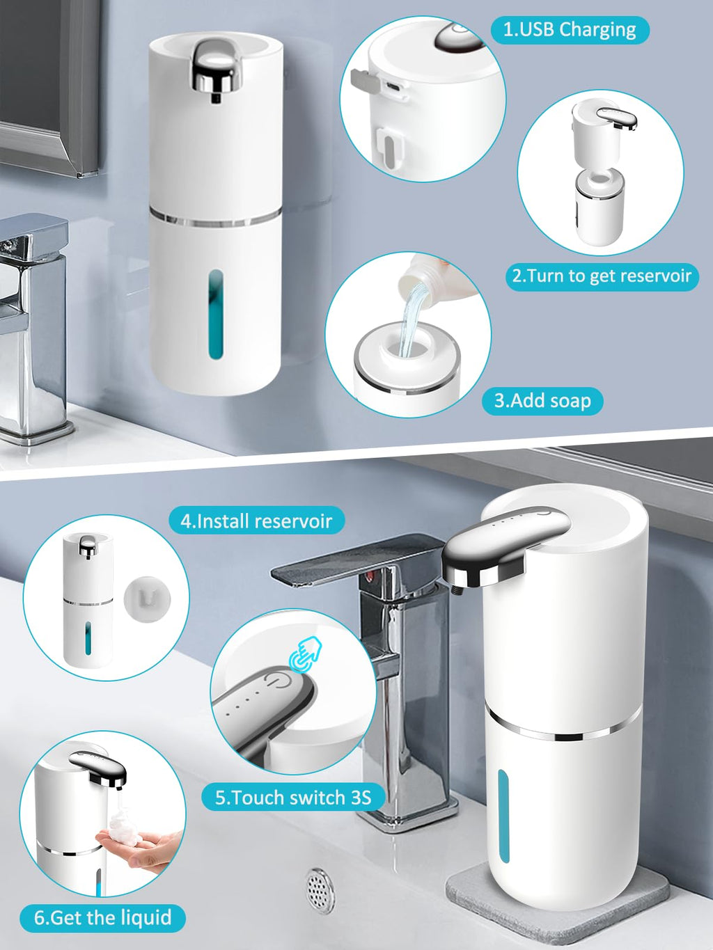 ZTJ Automatic Liquid Soap Dispenser, Electric/Touchless Soap Dispenser with Waterproof Pump for Bathroom/Kitchen, 4-Levels Adjustable USB-C Rechargeable, 13.5oz/400ml Capacity, Liquid Style, White