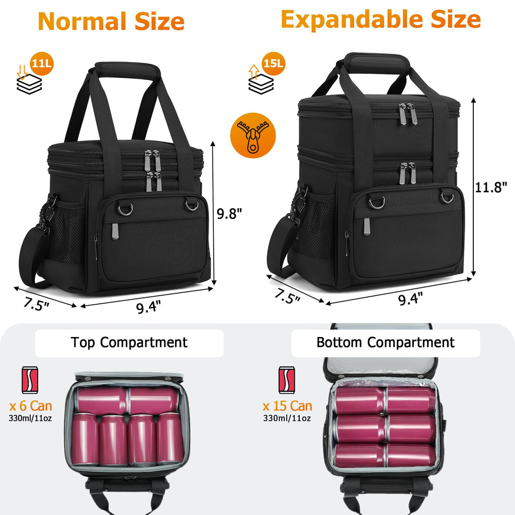 VRUCUZ Mens Lunch Bag for Work, 15L Expandable Insulated Lunch Box, Large Lunchbag for Men with Adjustable Shoulder Strap, Double Deck Adult Lunchbox Boite a Lunch Homme, Black