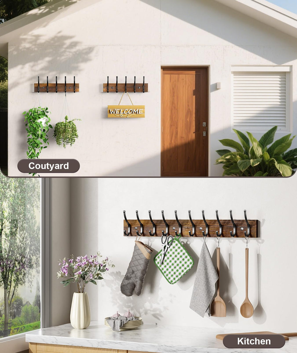 Optish 2 Pack Wooden Coat Rack Wall Mount, 16.1" Rustic Coat Hanger Hooks Wall Mount, Wall Coat Rack for Hat, Clothes, Bags, Jacket - Brown