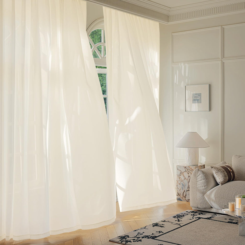 FMFUNCTEX Sheer Non-See-Through Butter Cream Curtains for Bedroom, Faux Silk That Let Light Curtains 84 inches Long Light Filtering Privacy Sheer Window Drapes for Living Room, Rod Pocket 2 Panels Set