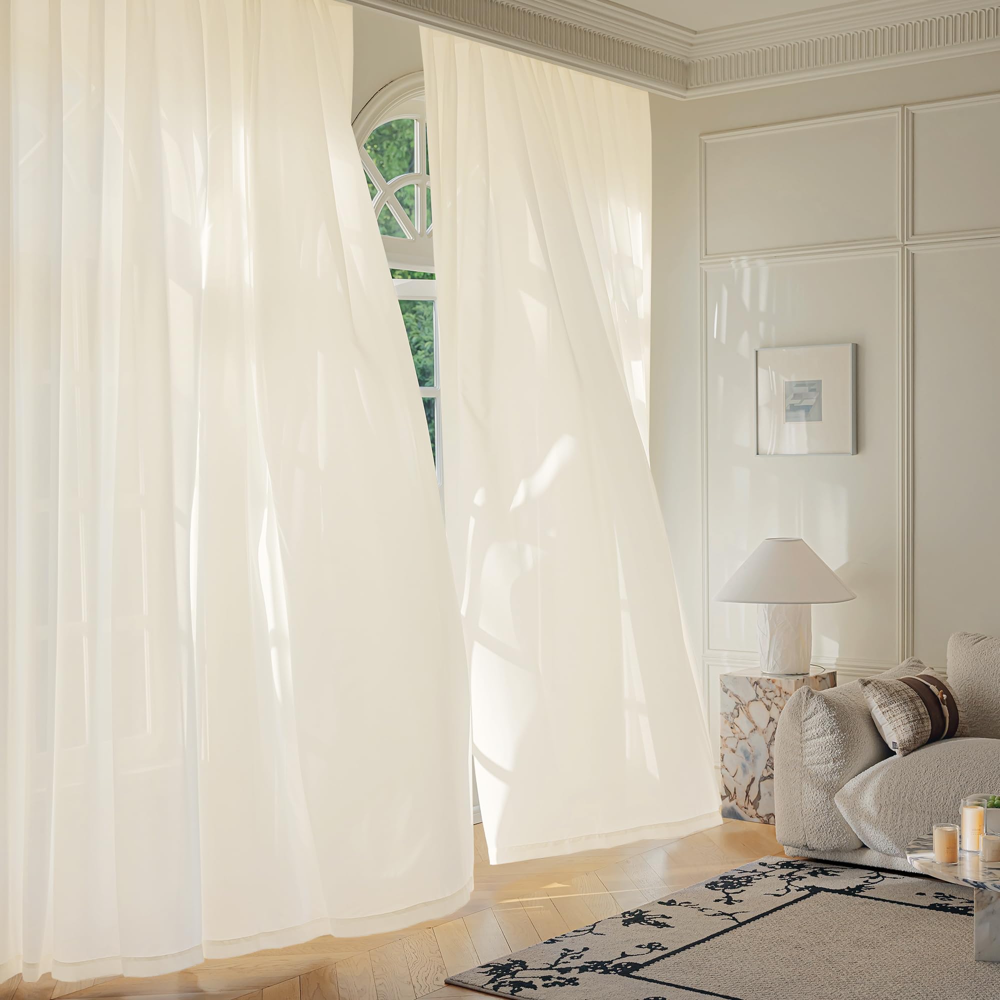 FMFUNCTEX Sheer Non-See-Through Butter Cream Curtains for Bedroom, Faux Silk That Let Light Curtains 84 inches Long Light Filtering Privacy Sheer Window Drapes for Living Room, Rod Pocket 2 Panels Set