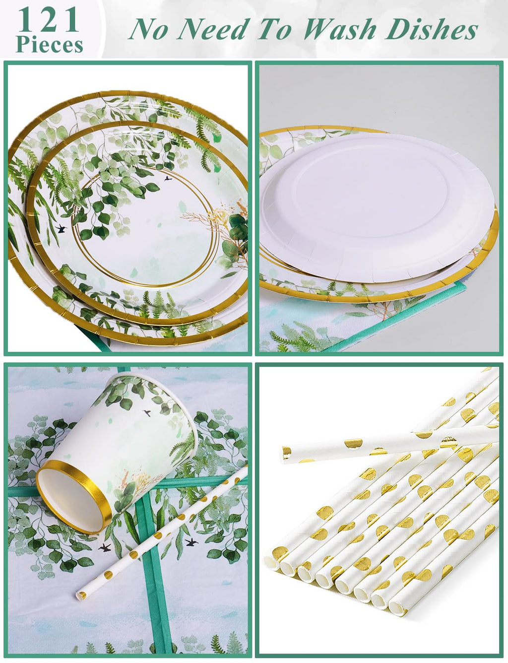 Nkaiso Paper Plates Napkins Cups Set, 121Pcs Sage Green Party Tableware, Birthday Paper Plates Cups Napkins Straws Tableware Set for Party Supplies Wedding Party Decoration -24 Guests