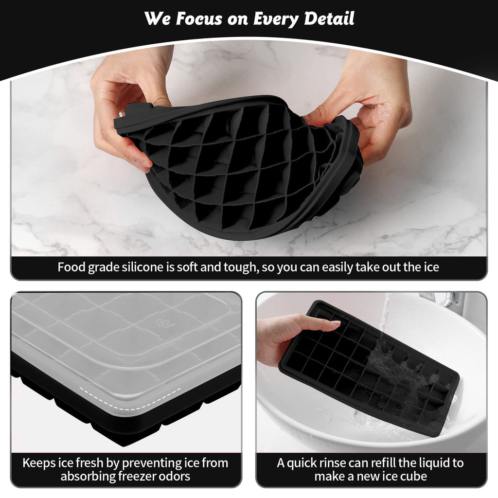 Food-grade Silicone Ice Cube Tray with Lid and Storage Bin for Freezer, Easy-Release 36 Small Nugget Ice Tray with Spill-Resistant Cover&Bucket, Flexible Ice Cube Molds with Ice Container, Scoop Cover