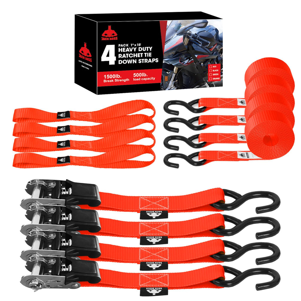Jack Boss Ratchet Tie Down Straps Set, 1500 lbs Break Strength, 1" x 15' Heavy Duty Ratchet Straps with 4X Soft Loops Padded Handles Coated S Hook, Fits for Moving Appliances Motorcycle, Red