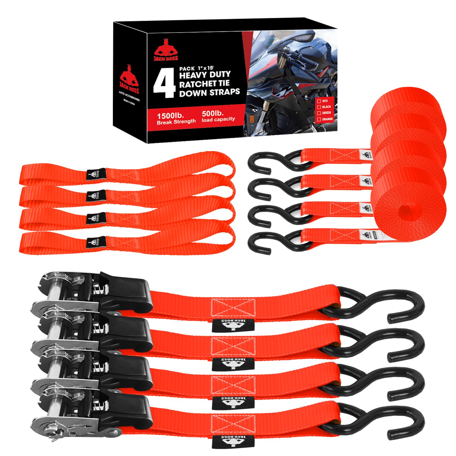 Jack Boss Ratchet Tie Down Straps Set, 1500 lbs Break Strength, 1" x 15' Heavy Duty Ratchet Straps with 4X Soft Loops Padded Handles Coated S Hook, Fits for Moving Appliances Motorcycle, Red