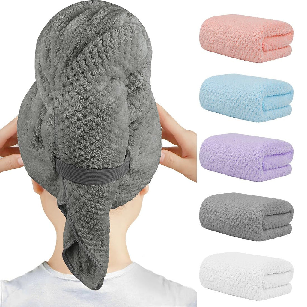HOMEXCEL 5 Pack Large Microfiber Hair Towel Wrap for Women, Super Soft Hair Drying Towel, Fast Drying Hair Turbans for Wet Hair, Long, Thick, Curly Hair, Anti Frizz Hair Towel Wrap with Elastic Strap