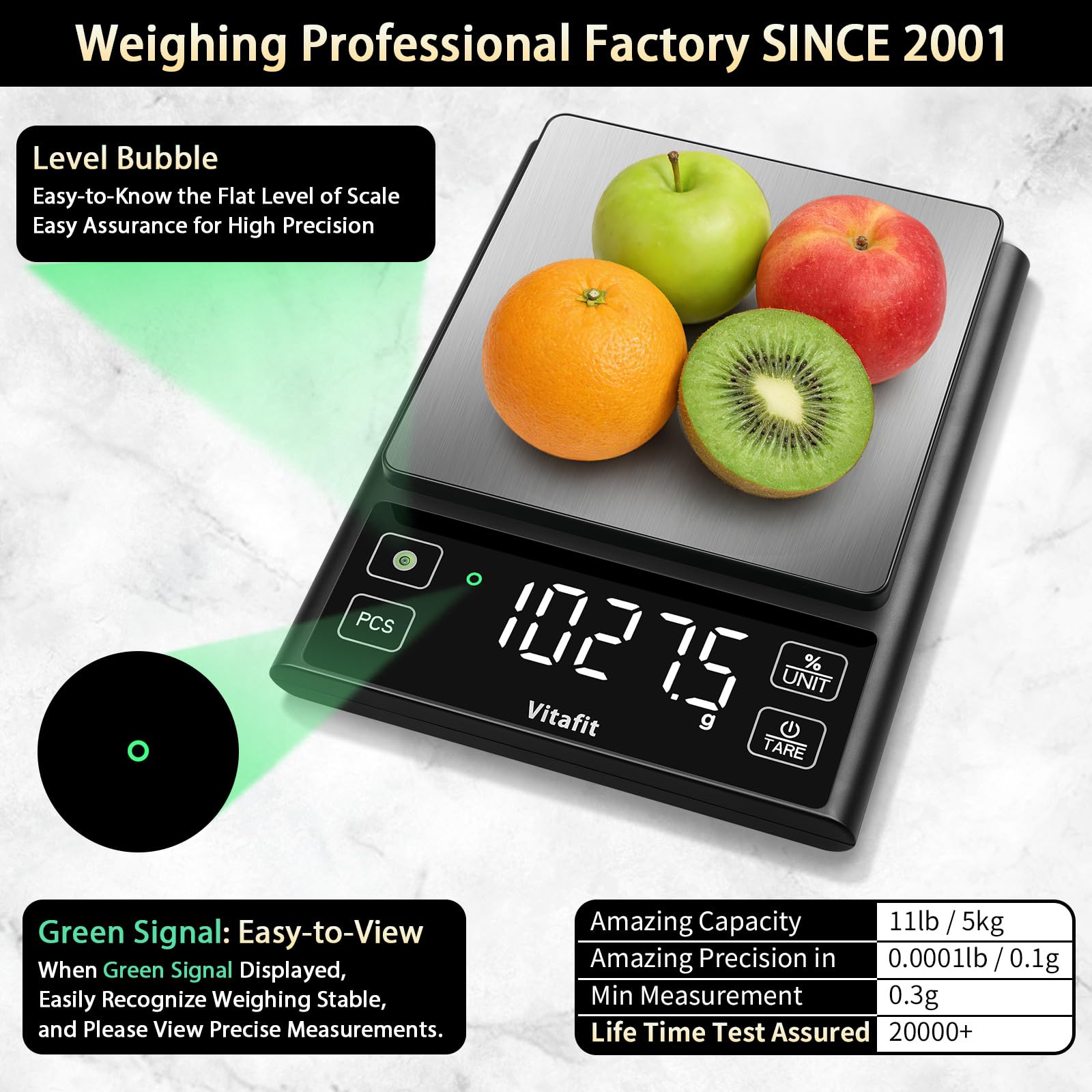 Vitafit 11lb Food Scale, High Accuracy 0.0001lb by Our Professional Factory Since 2001, Digital Kitchen Scale with% Percentage Function Cooking,Baking&Coffee, Stainless Steel, Big LED, Black