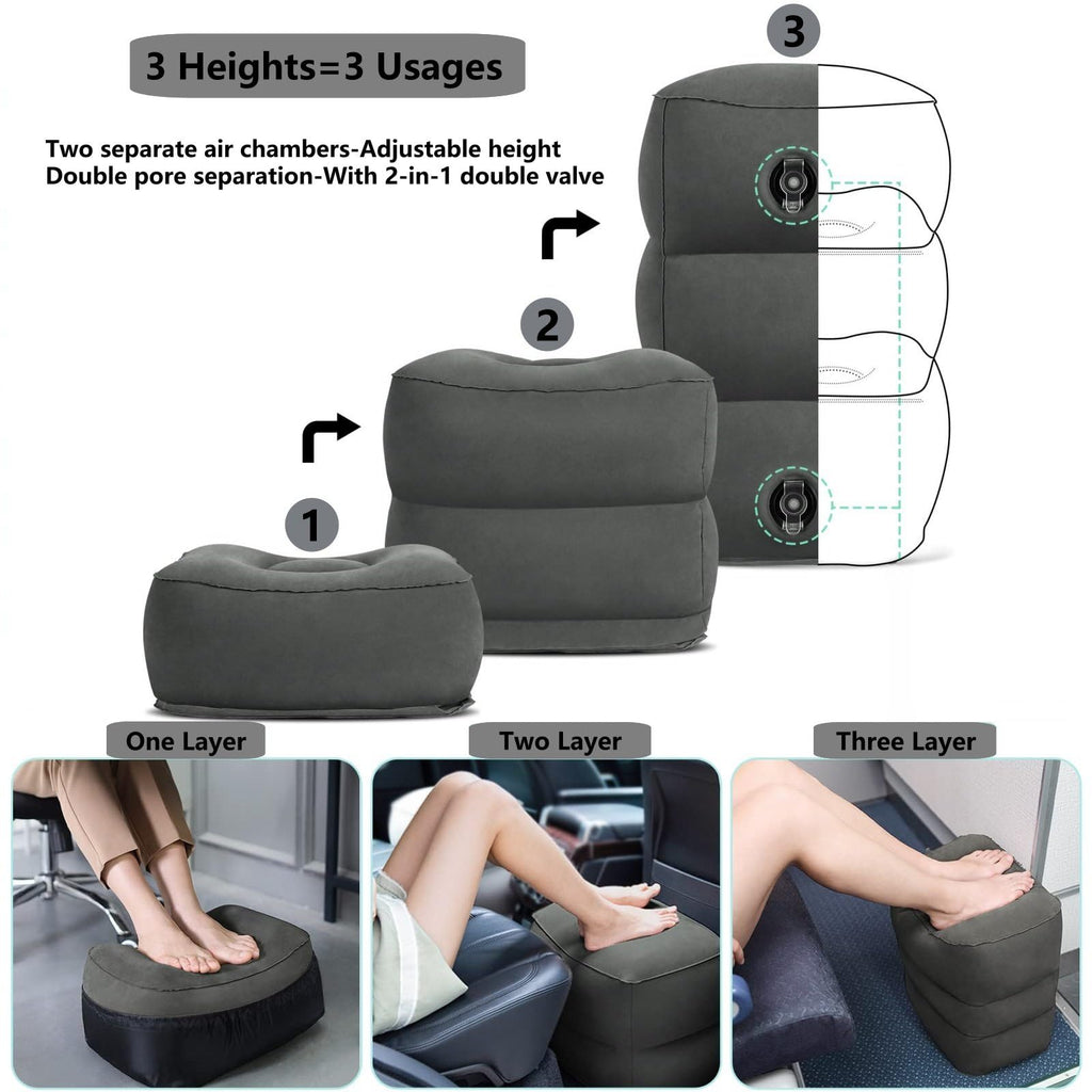 PEACESUN Inflatable Travel Foot Rest Pillow, Kids Airplane Bed, Office Footrests , Adjustable 3 Layers Height Leg Rest Pillow, Adults Travel Essentials Great for Airplane, Office, Home, Trains, Cars (With Pump)