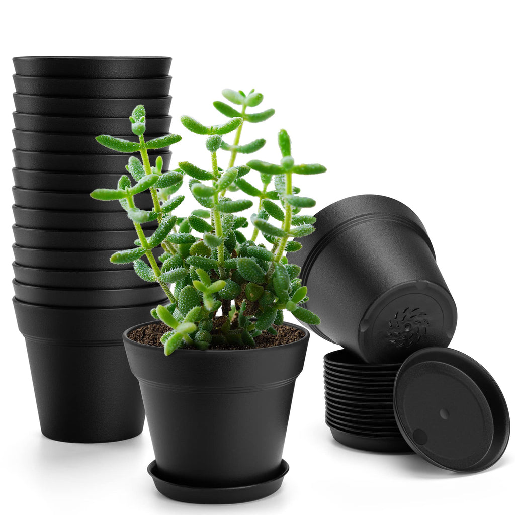 FHWTY 4 inch Plastic Plant Pots with Drainage Holes and Tray, 16 Pack Thickened Indoor Planters Seedlings Nursery Pots for Flowers, African Violet, Succulent and All House Plants, Black
