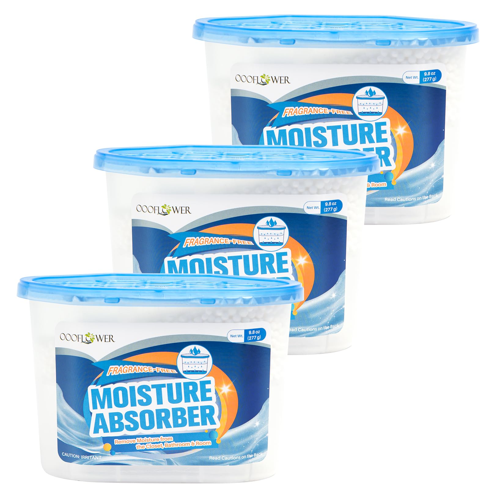 OOOFLOWER 3-Pack Moisture Absorber, 9.8 oz (277g) Each, Unscented Dehumidifier, Traps Excess Moisture & Humidity for Closets, Bathrooms, RVs, Basements