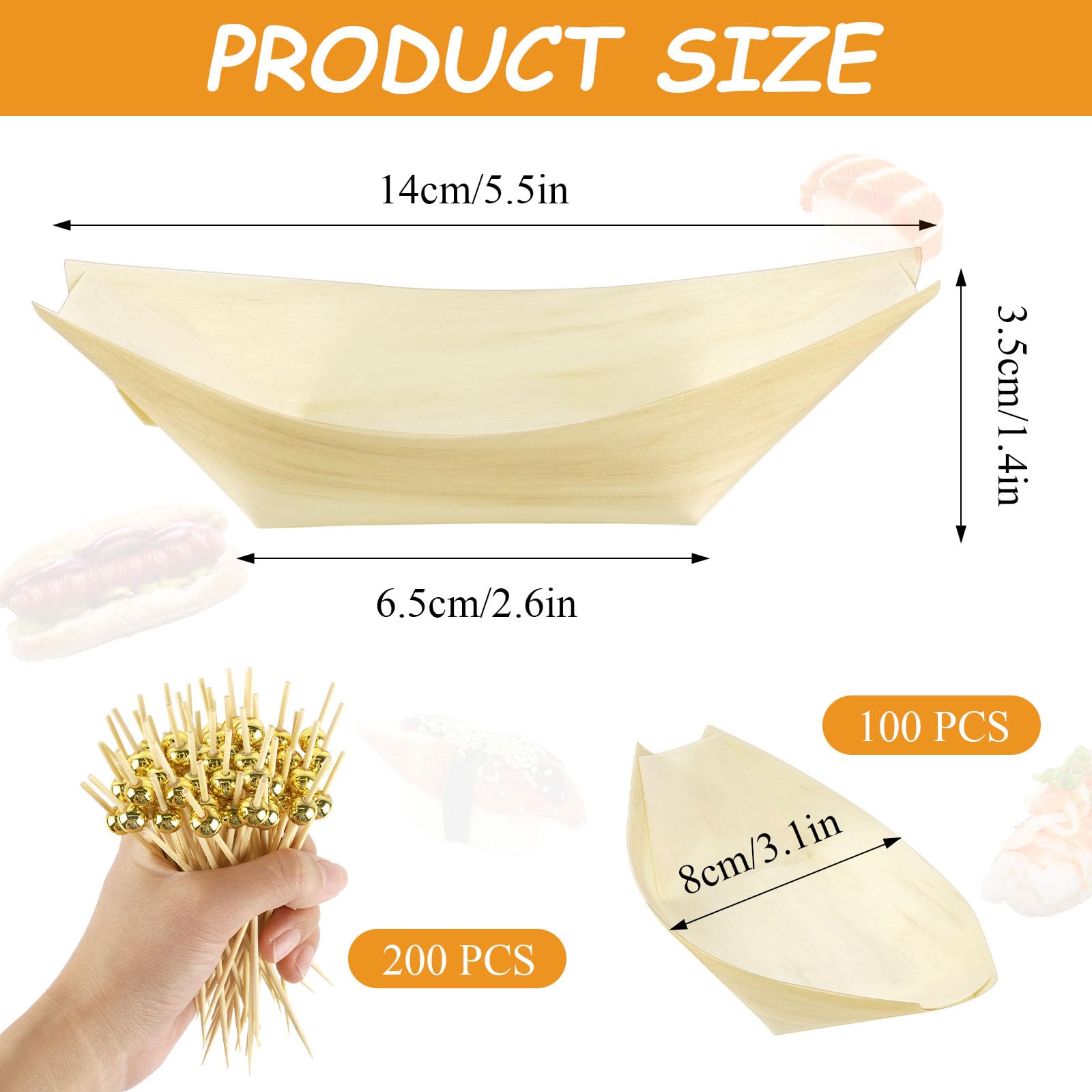 Supkiir 300 Pcs Disposable Wooden Boat Plates with Cocktail Picks, 14 cm Wood Boat Plates for Appetizer, Small Sushi Boat Serving Tray Food Container for Catering, Home and Party
