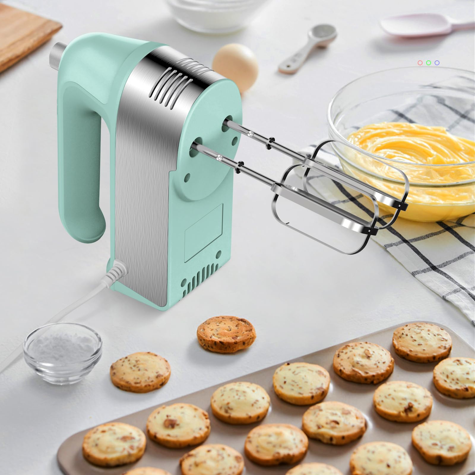 Hand Mixer Electric, 450W Kitchen Mixers with Scale Cup Storage Case, Turbo Boost/Self-Control Speed + 5 Speed + Eject Button + 5 Stainless Steel Accessories, For Easy Whipping Dough,Cream,Cake, Green