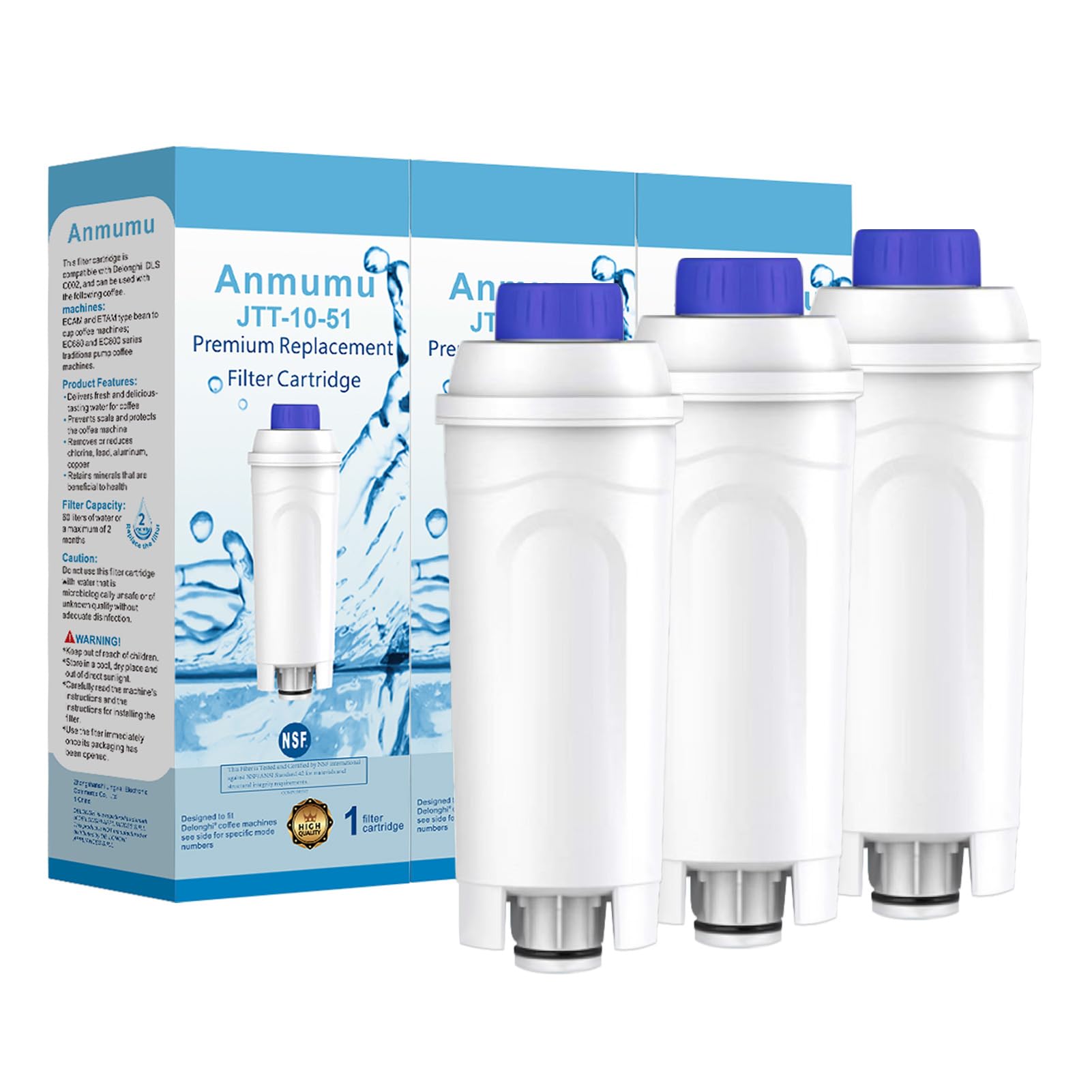 3 Pack Water Filter Replacement for DeLonghi* Filter DLSC002 ECAM 22.110,Esam,ETAM,DLS C002,SER3017,5513292811,EC680,EC800