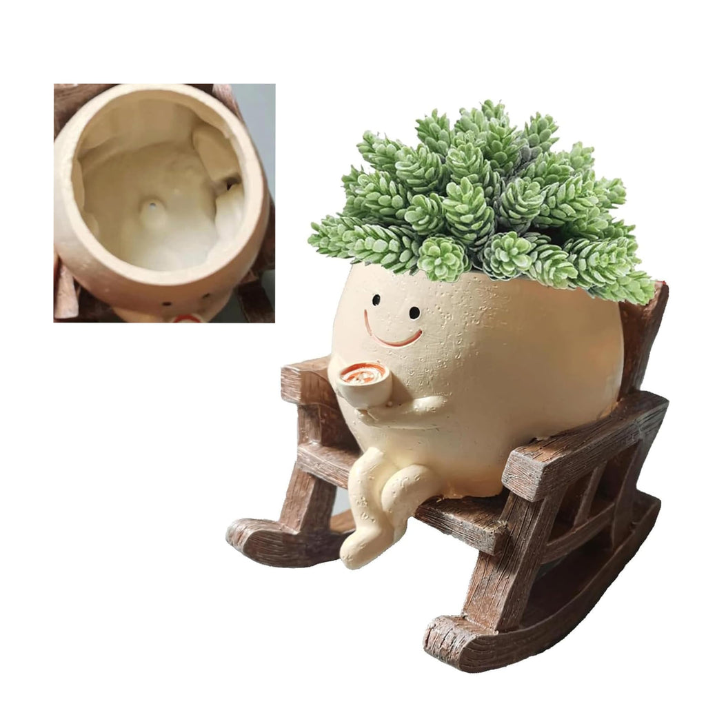 Swinging Smiley Face Plant Pot,Cute Coffee Plant Pots for Indoor Outdoor,Cute Head Resin Rocking Chair Plant Pots,Rocking Chair Succulent Flower Pots with Drainage Hole, Gift IdeaI for Birthday
