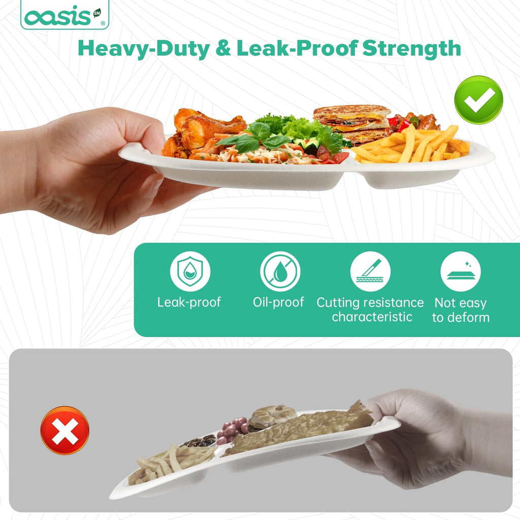 OasisSN [10 inch, 128-PACK] 3-Compartment Disposable Paper Plates, Compostable Heavy-Duty Divided Plates for Meal Prep, School Lunches & Party Buffets (White)