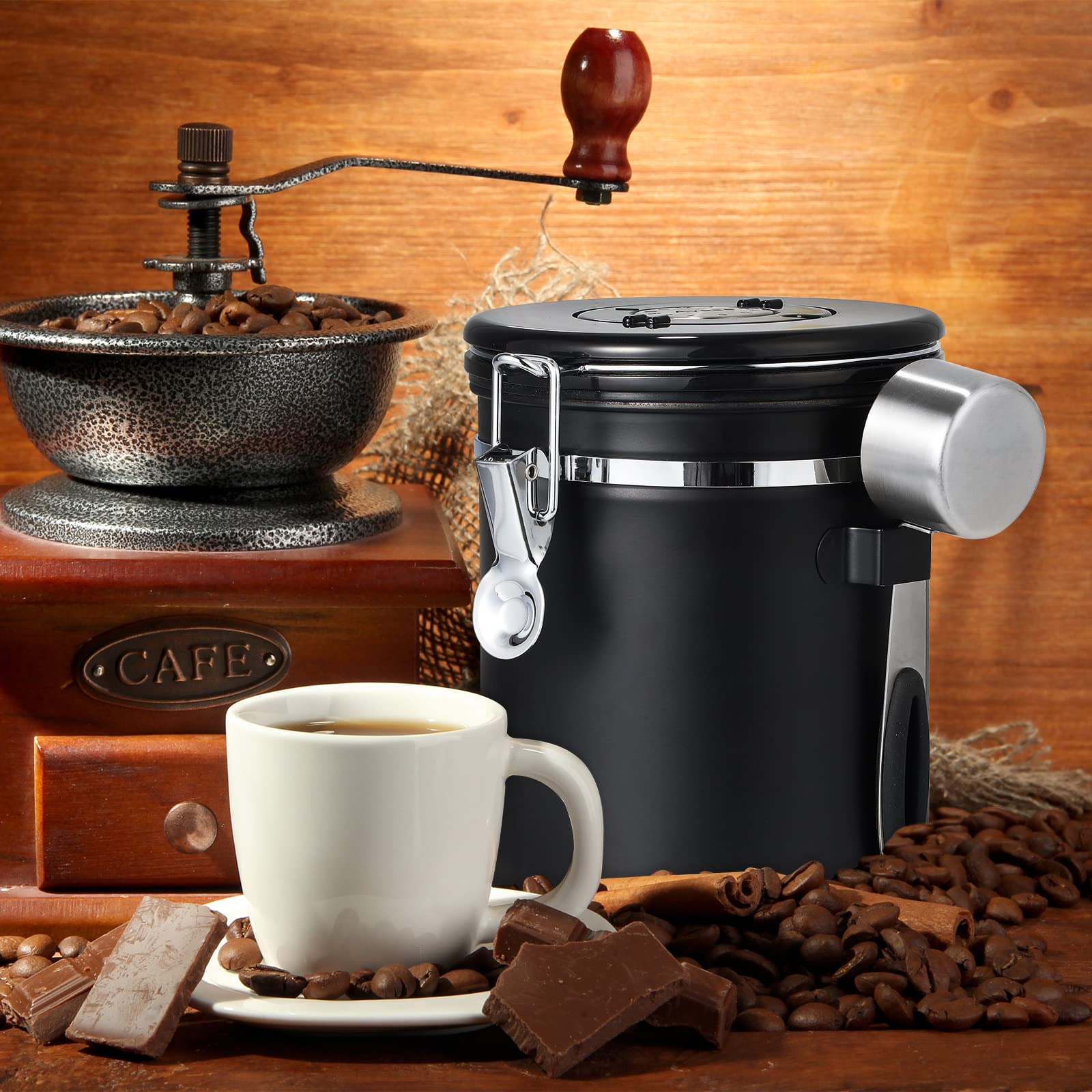 Pitmoly Airtight Coffee Canister with CO2 Valve,16OZ Food Storage Container, 1.5L Stainless Steel Coffee Storage Jar with Date Tracker and Measuring Scoop for Coffee Beans, Grounds, Sugar and Flour