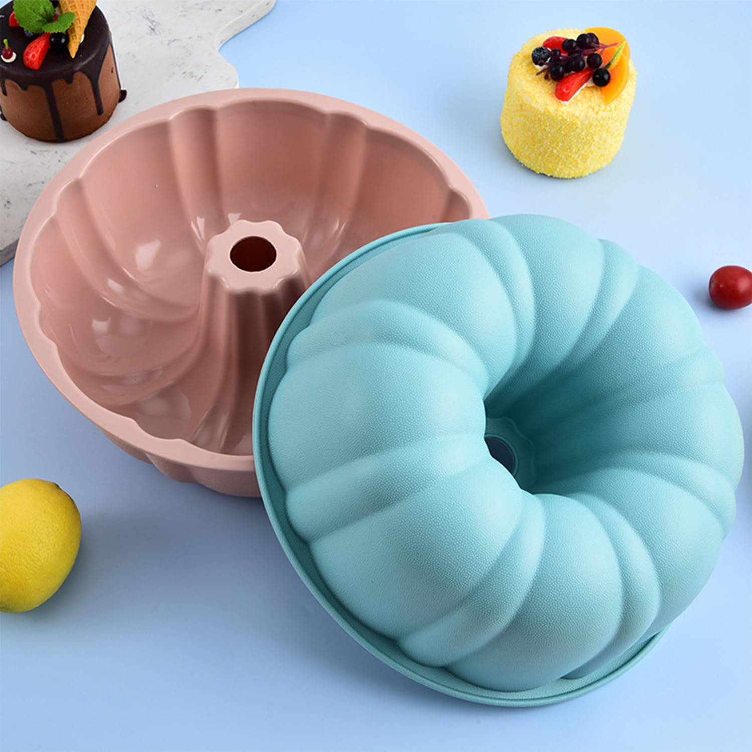 Lqucwepp 2PCS 10 Inch Cake Pan,Nonstick Fluted Cake Pan,Large Size Silicone Baking Molds for Bavarois, Brownie, Jello, Flan, Meatloaf,Pudding