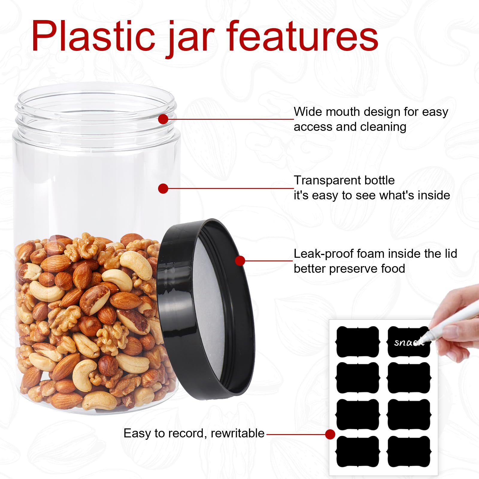20 Pack Clear Plastic Jars with Black Lids, 14oz Wide Mouth Round Clear Stackable Cosmetic Container with Labels & Pen Empty Food Jars for Kitchen Storage Spices Beauty