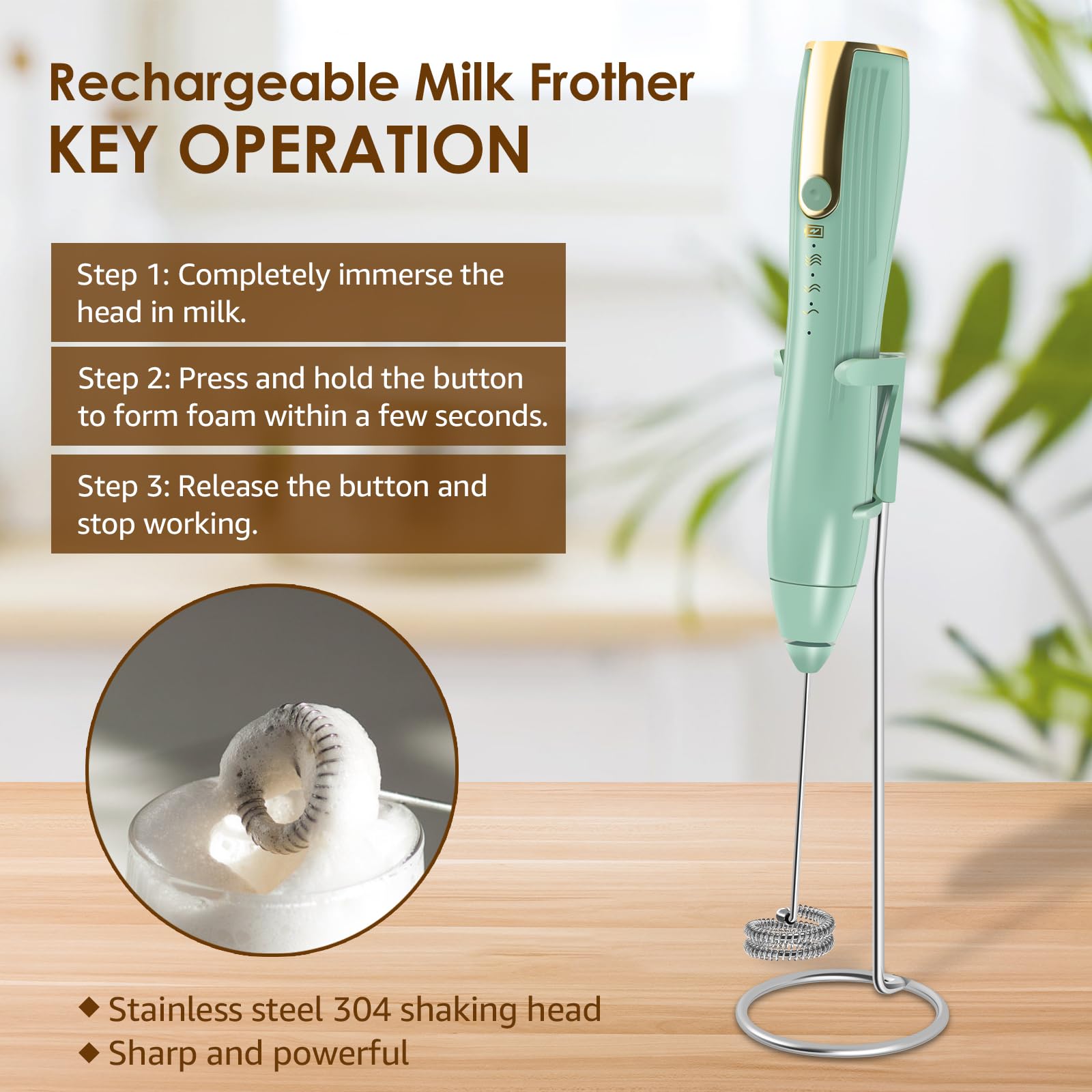Abizarch Powerful Handheld Milk Frother, Whisk Drink Mixer, Rechargeable Electric Foam Maker, Coffee Frother, Hand Blender, for Latte Cappuccino, Frappe, Matcha Maker