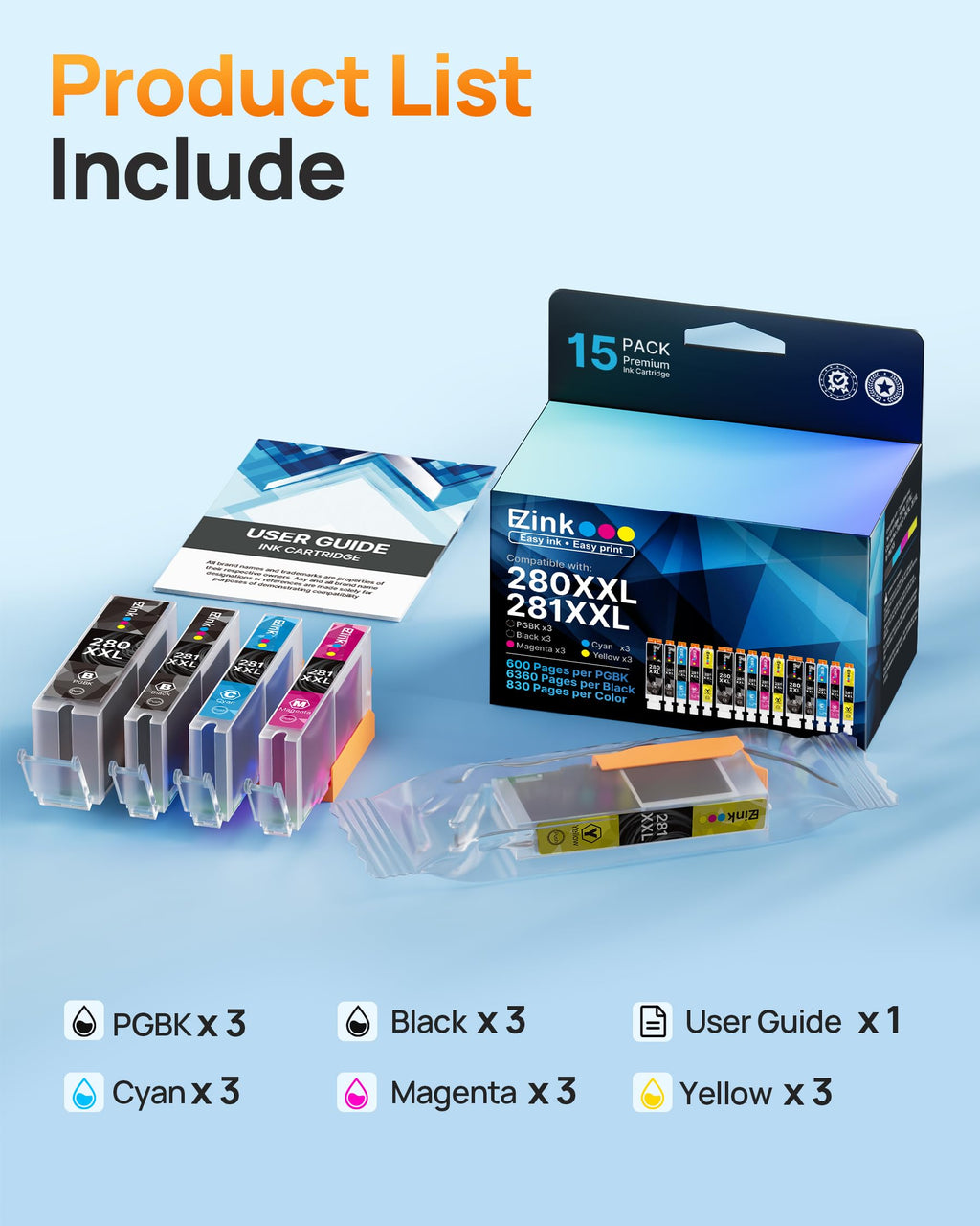 15 Pack E-Z Ink for Canon Printer Ink 280 281 Cartridge 280XL Replacement for Canon 281 XXL PGI-280XXL CLI-281XXL with PIXMA TR7520 TR8520 TS6120 TS6220 TS6320 TS8120 TS8220 TS9120 TS9520 Printer