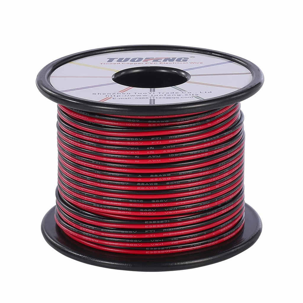 TUOFENG 22awg Electrical Wire 100 ft 22 Gauge Led Wire 2 Pin Extension Cable Wire Red Black Wires 12V/24V DC Cable for Led Strips Single Colour