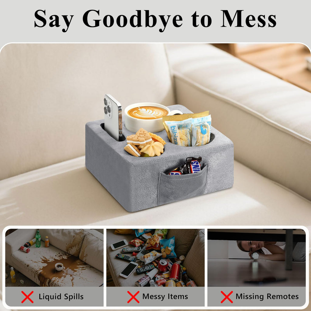 Luxspire Couch Cup Holder Tray, Couch Cup Holder Pillow with 4 Holes, Side Pocket and Handle, Couch Caddy Pillow for Phone/Drinks/Remote Control/Snacks, Gray