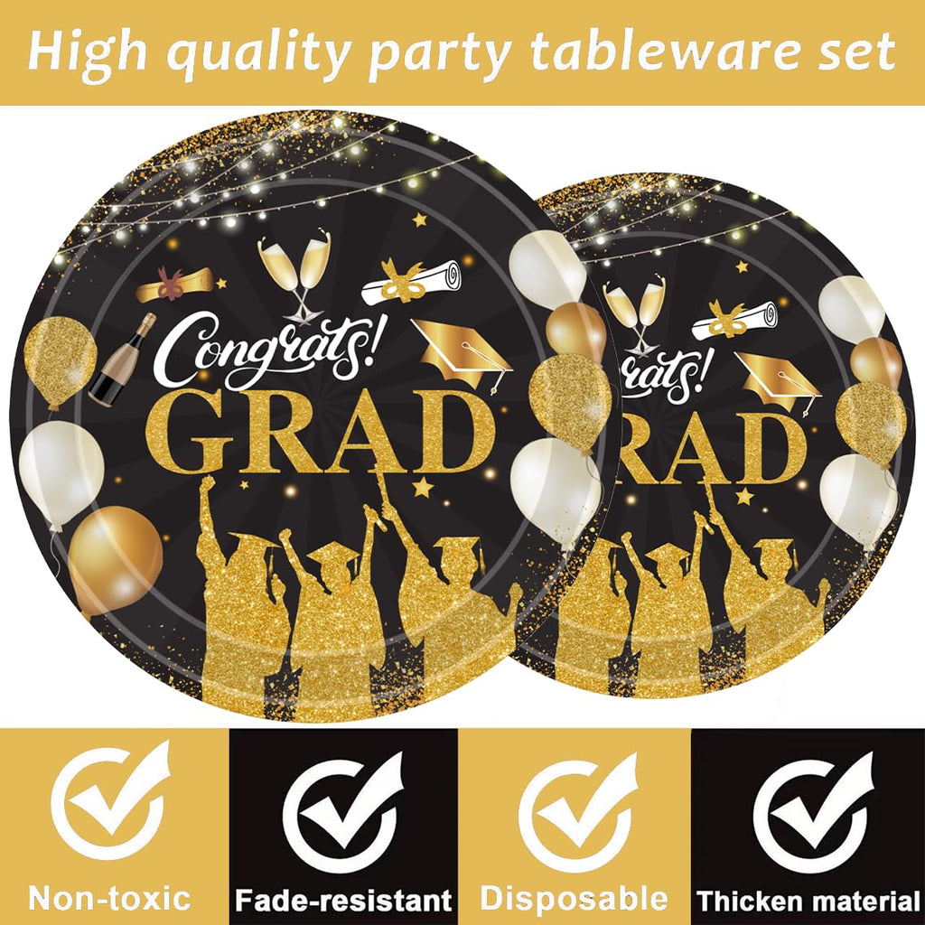QYCX 72 Pcs Graduation Tableware Graduation Party Decorations Graduation Plates Napkins Cups Congratulation Grad Dinnerware Graduation Decor for 2024 Graduation Party Decorations Black Gold
