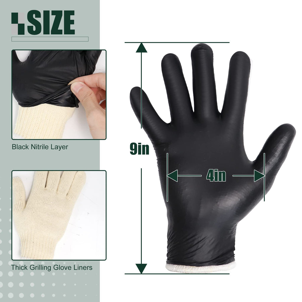 Flehomo BBQ Gloves Kit with 2 Pairs of Reusable Heat Resistant Grilling Gloves Liner and 100 Pieces Disposable Nitrile for Outdoor Cooking and Barbecue, Black, X-Large
