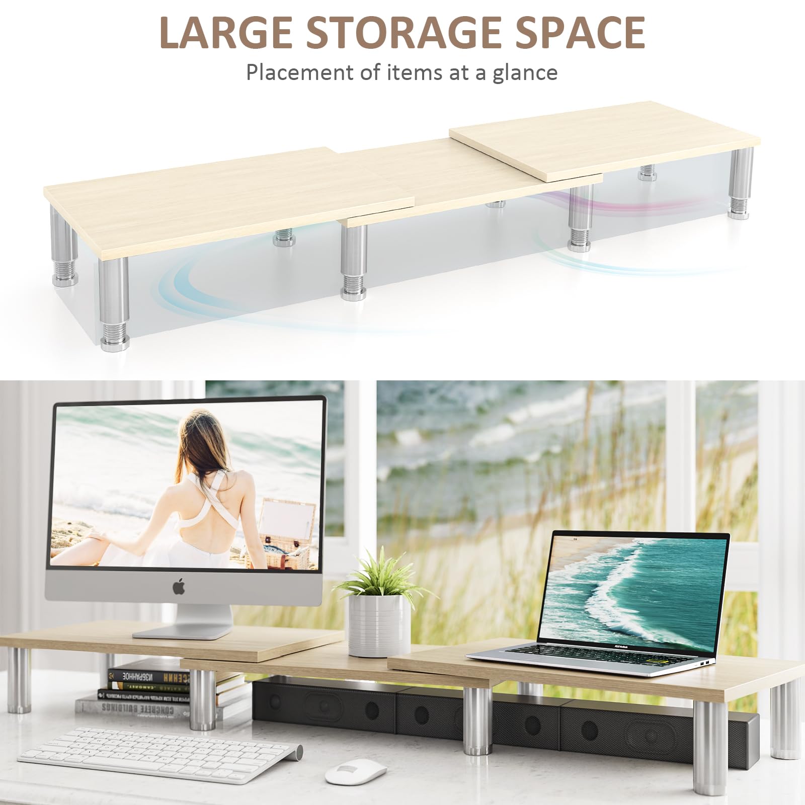 Dual Monitor Stand Riser, Monitor Stand with Adjustable Height Steel leg, Wood Monitor Stand for Desk, Monitor Riser for 2 Monitors with Storage Space