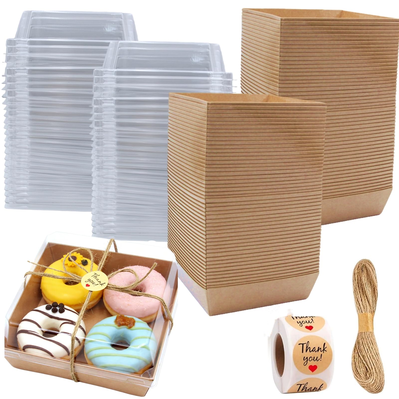 Zentriqlla 100 Pack Charcuterie Boxes with Clear Lids, Disposable Bakery Dessert Containers, Kraft Bakery Box with Twine & Stickers for Sandwich, Snacks, Cakes, Weddings, Strawberries, 5"x5"x2.6"