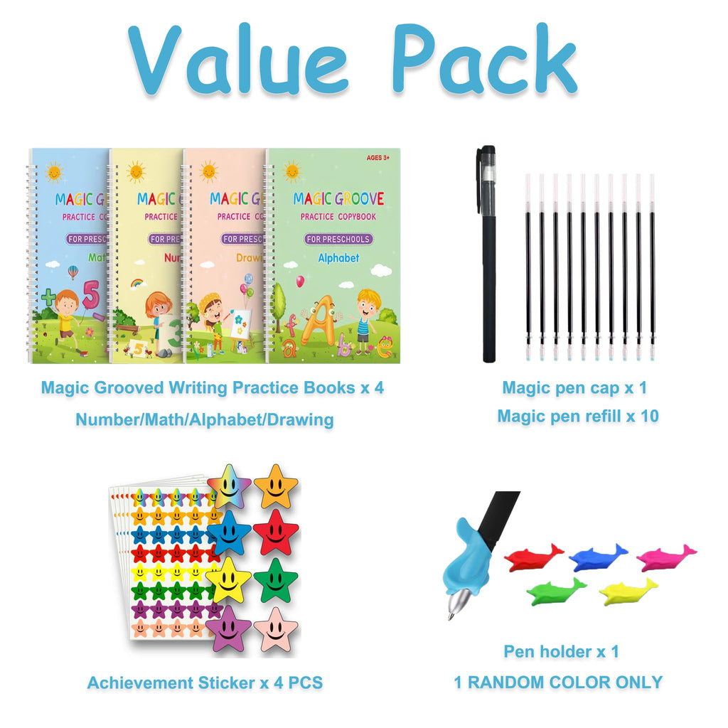 Magic Grooved Writing Practice Books for Reusable Handwriting Workbook with Disappearing Ink Pen & Stickers Practicing Letters, Numbers, Drawing and Math 4 Book Set with Refills