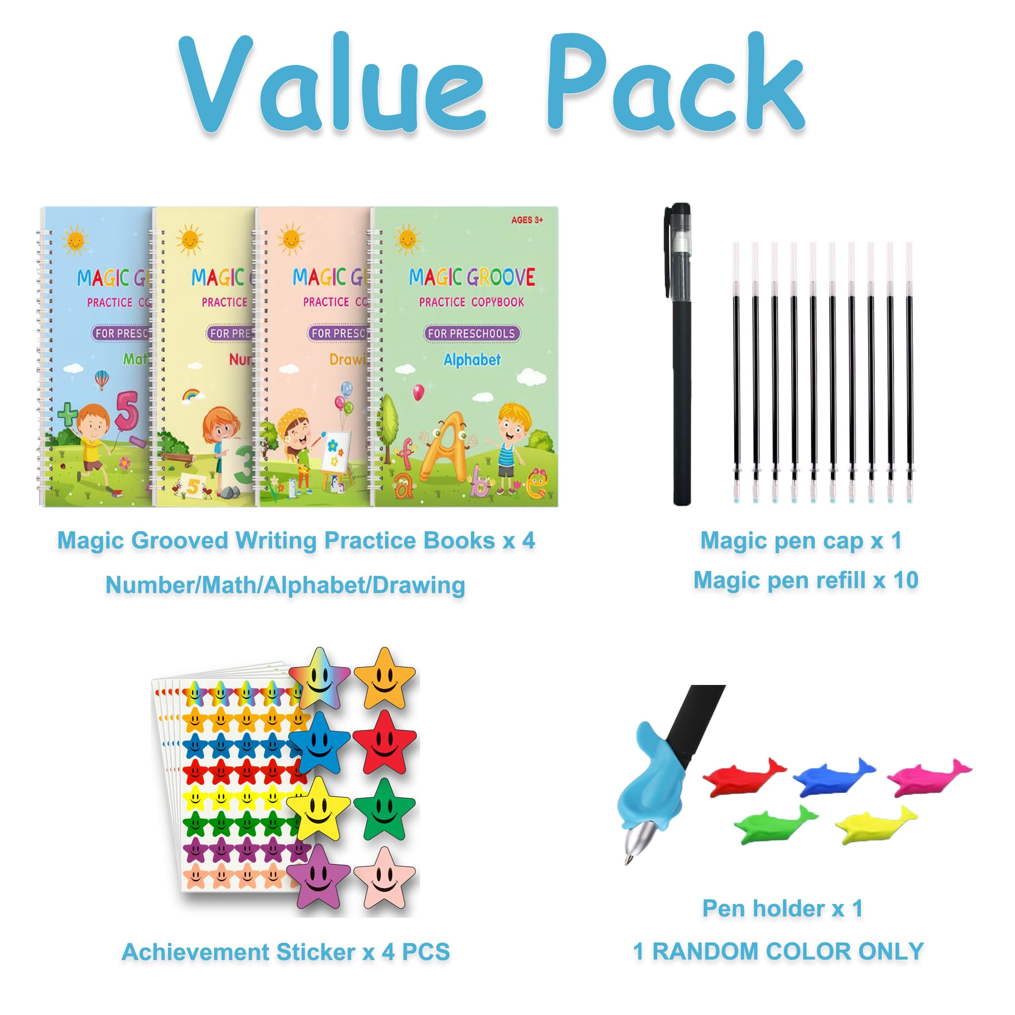 Magic Grooved Writing Practice Books for Reusable Handwriting Workbook with Disappearing Ink Pen & Stickers Practicing Letters, Numbers, Drawing and Math 4 Book Set with Refills