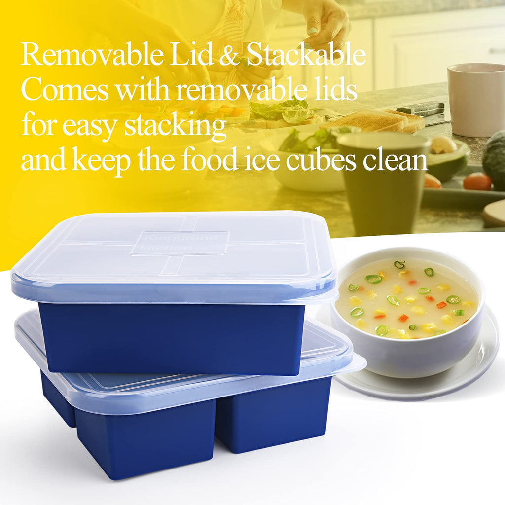 Kinggrand Kitchen 1-Cup Silicone Freezer Tray with Lid - 2 Pack - Make 8 Perfect 1-Cup Portions - Easy Release Molds for Food Storage & Freeze Soup, Broth, Stew or Sauce