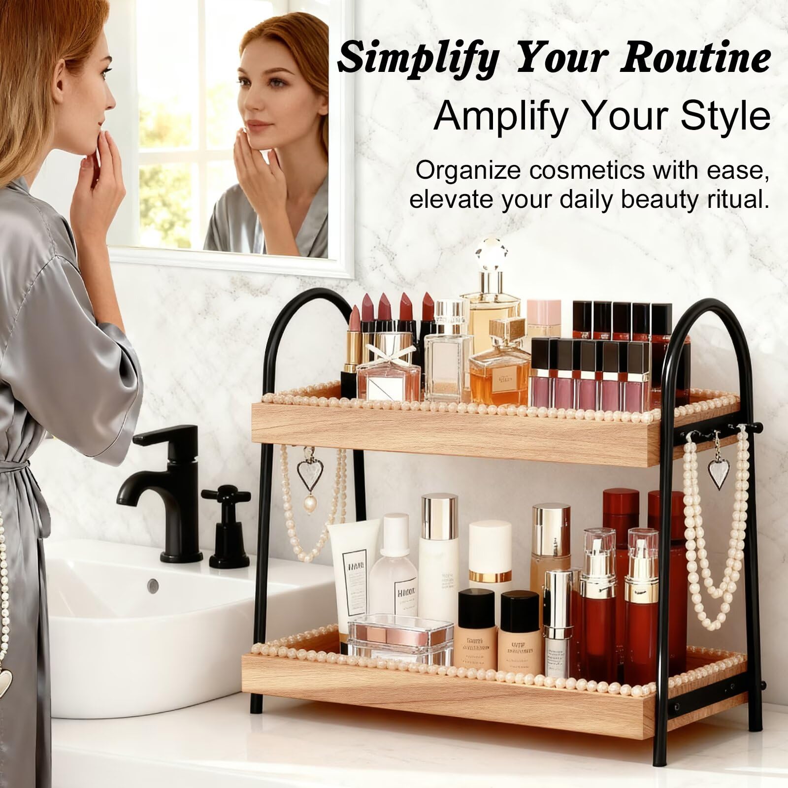 Perfume Organizer & Makeup Stand 2-Tier with 8 Hooks - Large Bathroom Counter Shelf for Vanity Storage, Skincare Display & Cologne Dresser Beauty Holder |Washroom Paulownia Wood Tray (44x18.5x32cm)