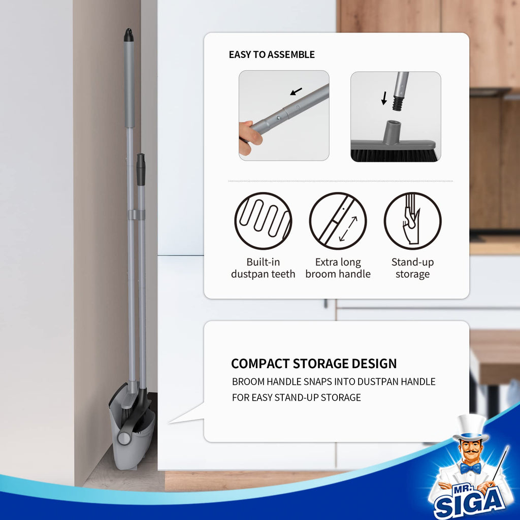 MR.SIGA Broom and Dustpan Set with Long Handle, Upright Broom and Dustpan Combo for Floor Cleaning, Lobby Broom with Adjustable Handle, Gray