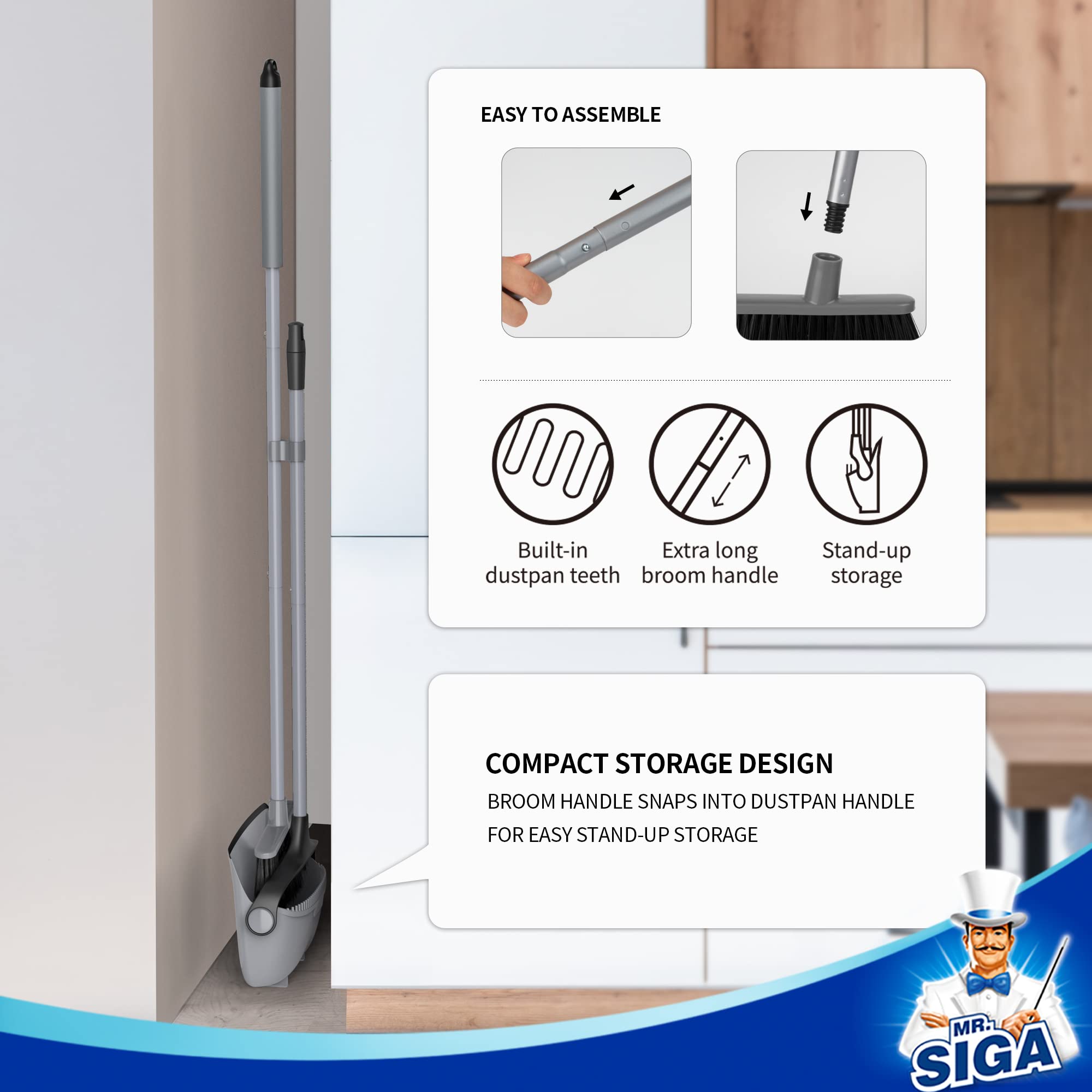 MR.SIGA Broom and Dustpan Set with Long Handle, Upright Broom and Dustpan Combo for Floor Cleaning, Lobby Broom with Adjustable Handle, Gray