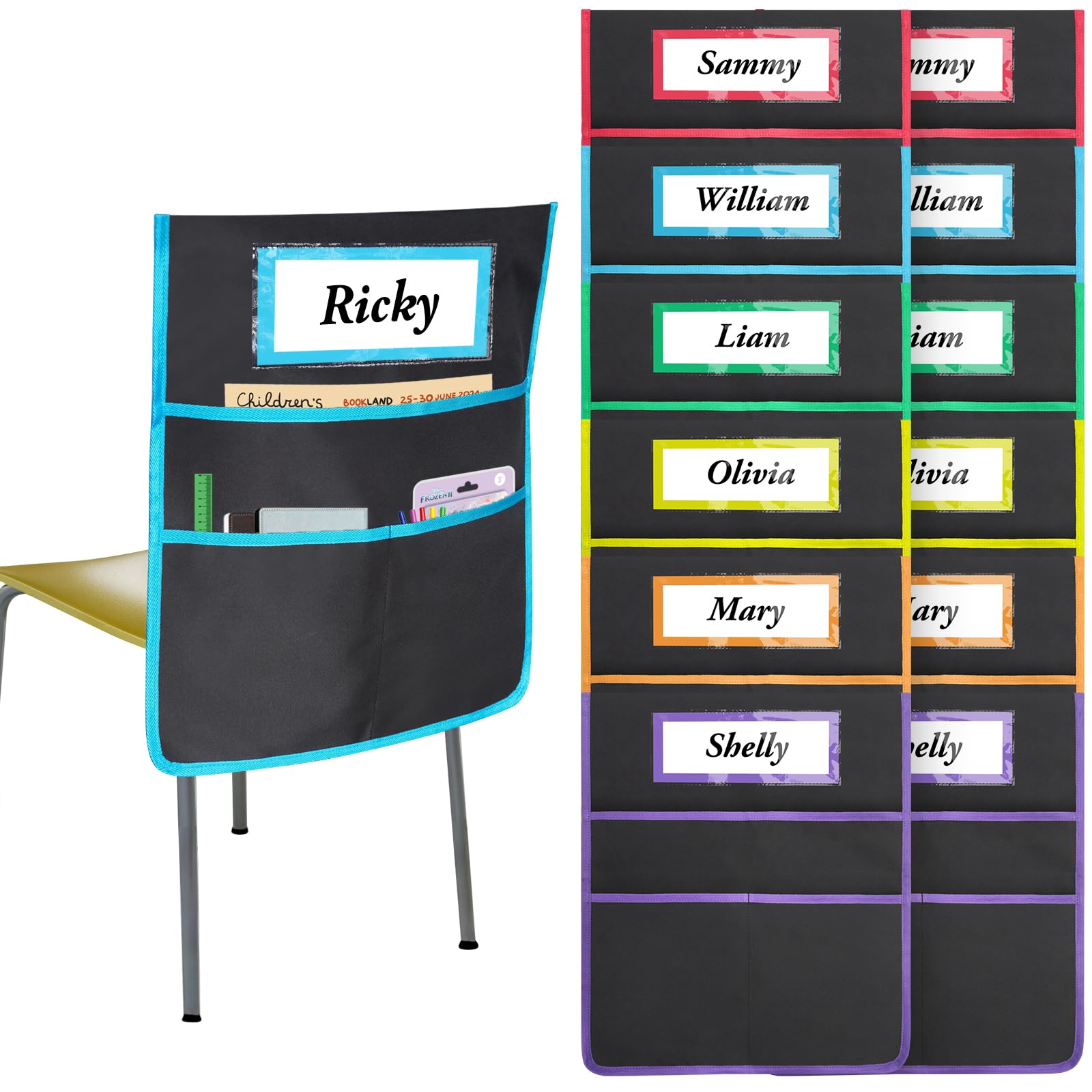 12 Pack Chair Pockets for Classrooms, Seat Sacks with 3 Heavy Duty Storage Pocket, Chair Back Buddy Pocket with Name Tag Slot, Ideal Back to School Supplies, Classroom Must Haves (Multicolor)